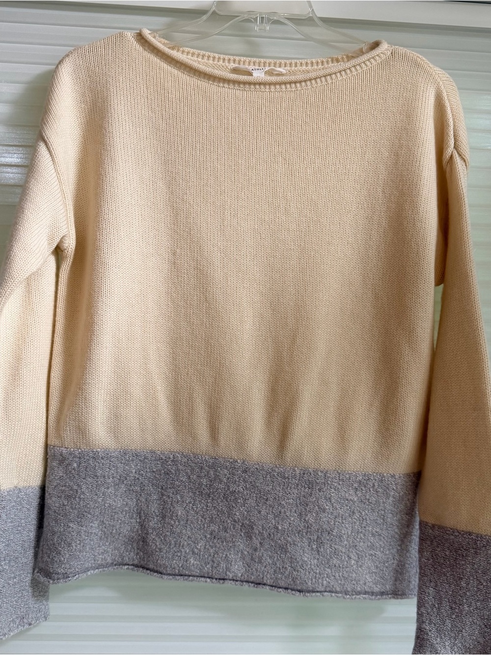 Athleta Cream and Gray Colorblock Wool Crewneck Sweater